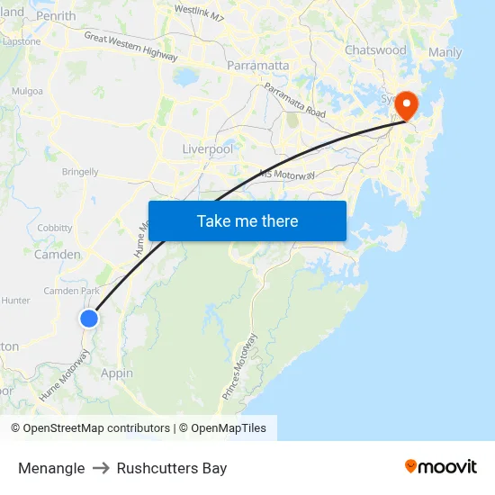 Menangle to Rushcutters Bay map