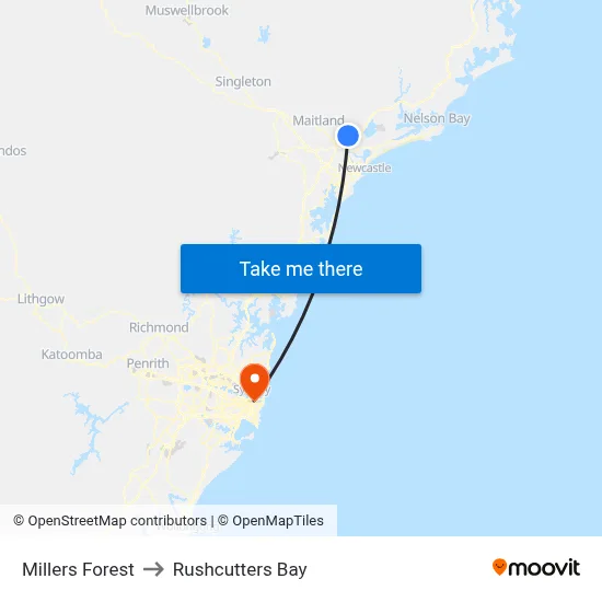 Millers Forest to Rushcutters Bay map