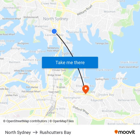 North Sydney to Rushcutters Bay map