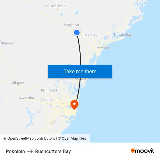 Pokolbin to Rushcutters Bay map