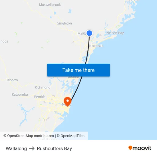 Wallalong to Rushcutters Bay map