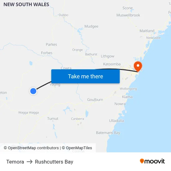 Temora to Rushcutters Bay map