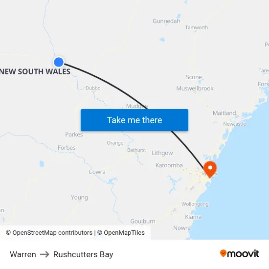 Warren to Rushcutters Bay map