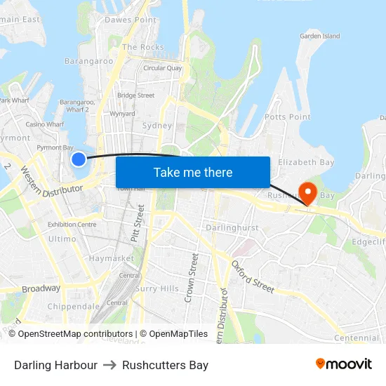 Darling Harbour to Rushcutters Bay map