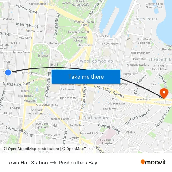 Town Hall Station to Rushcutters Bay map