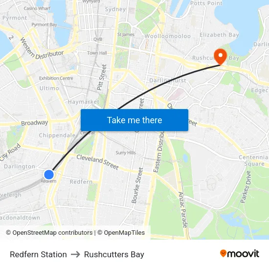 Redfern Station to Rushcutters Bay map