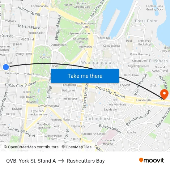 QVB, York St, Stand A to Rushcutters Bay map