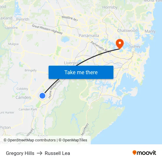 Gregory Hills to Russell Lea map