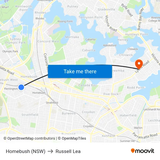 Homebush (NSW) to Russell Lea map