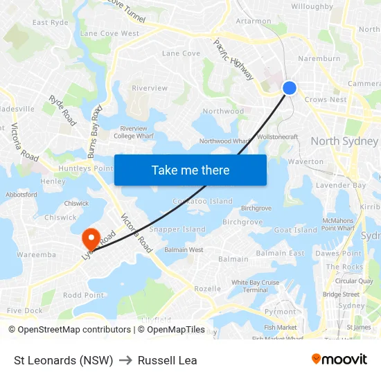 St Leonards (NSW) to Russell Lea map
