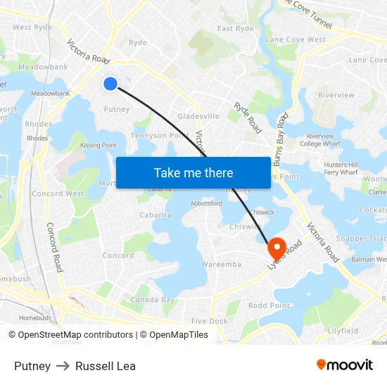 Putney to Russell Lea map