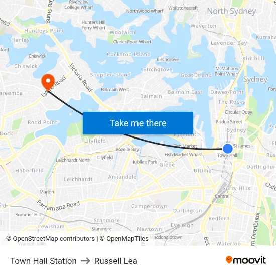 Town Hall Station to Russell Lea map