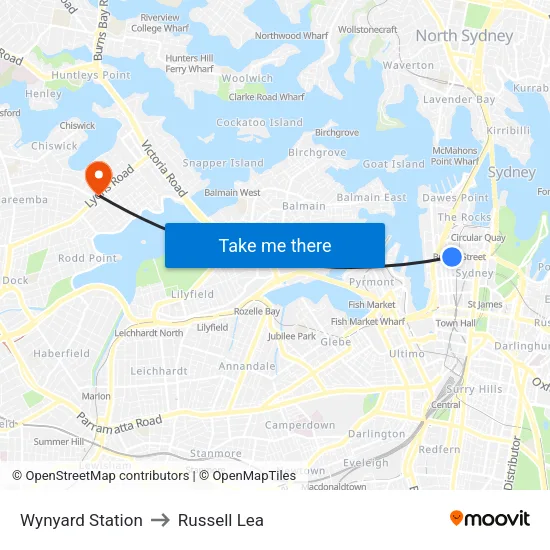 Wynyard Station to Russell Lea map