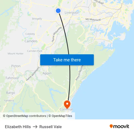 Elizabeth Hills to Russell Vale map