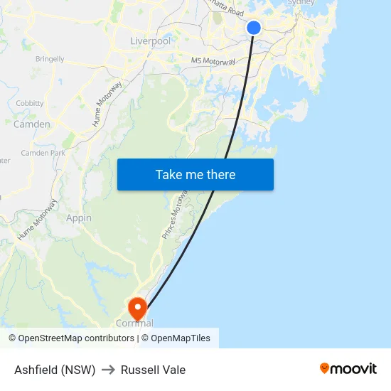 Ashfield (NSW) to Russell Vale map