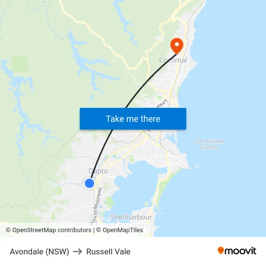 Avondale (NSW) to Russell Vale map