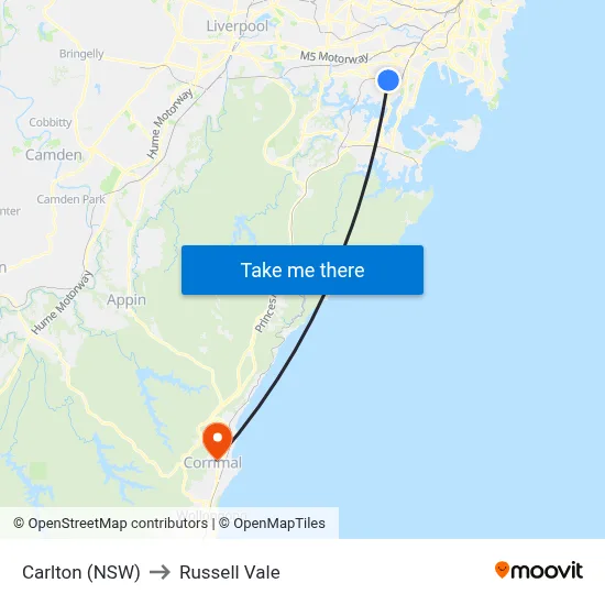 Carlton (NSW) to Russell Vale map