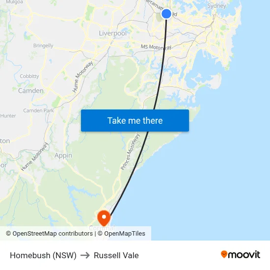 Homebush (NSW) to Russell Vale map