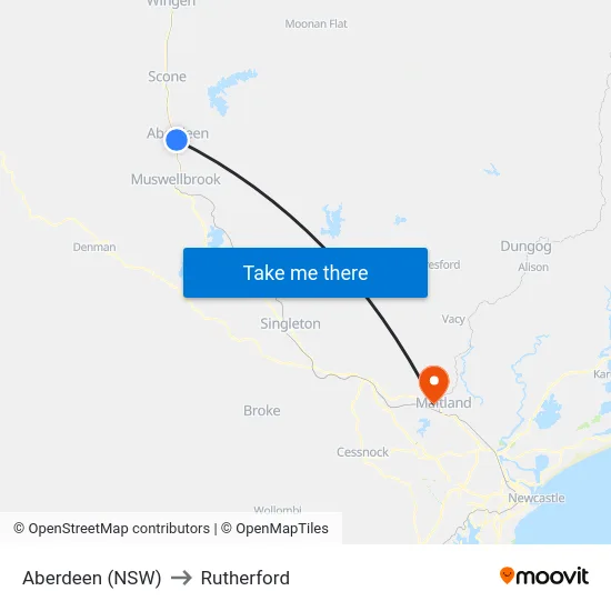 Aberdeen (NSW) to Rutherford map