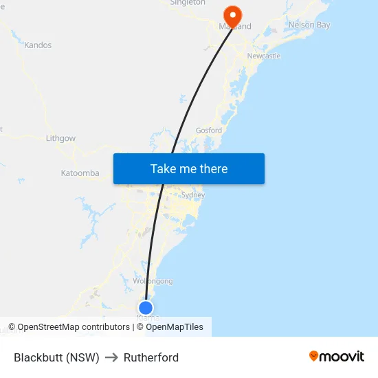 Blackbutt (NSW) to Rutherford map
