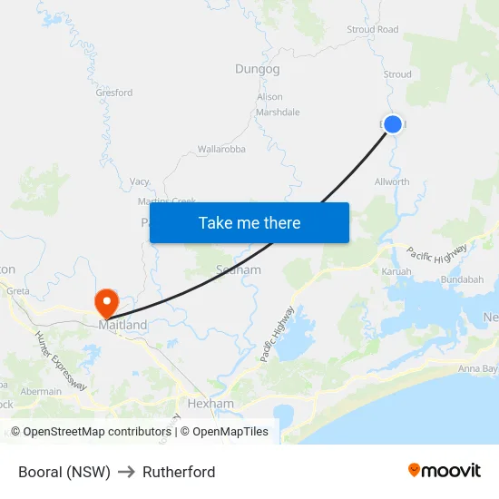 Booral (NSW) to Rutherford map