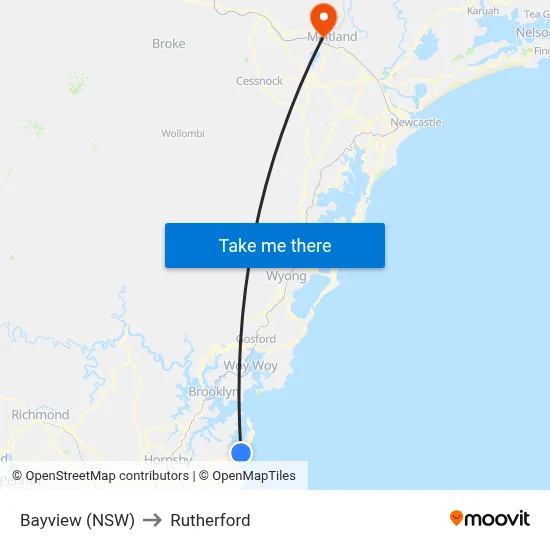 Bayview (NSW) to Rutherford map