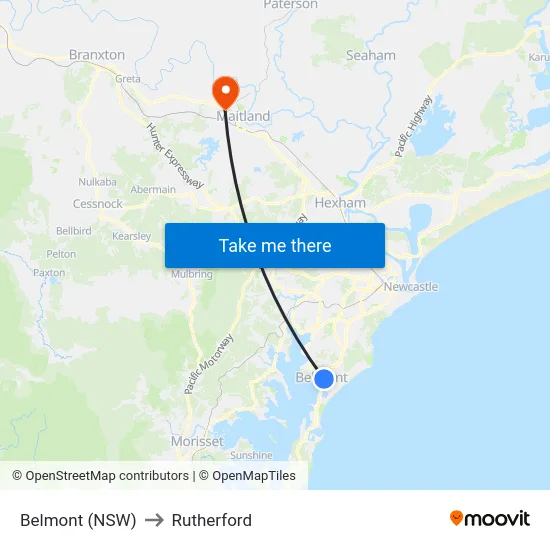 Belmont (NSW) to Rutherford map