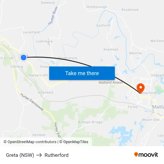 Greta (NSW) to Rutherford map