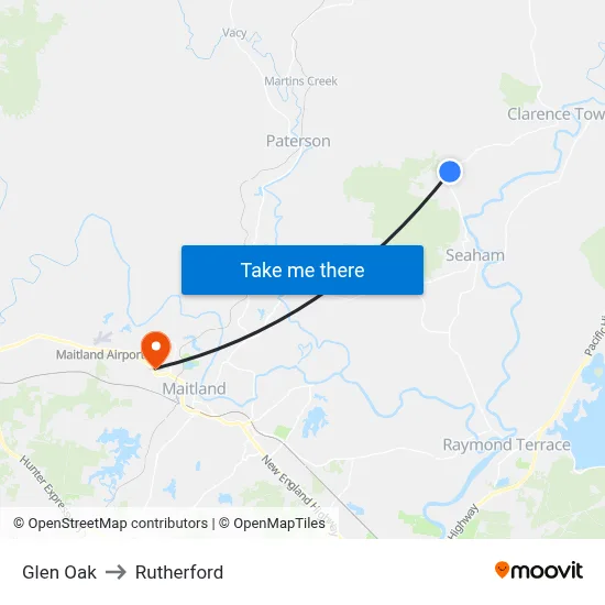 Glen Oak to Rutherford map