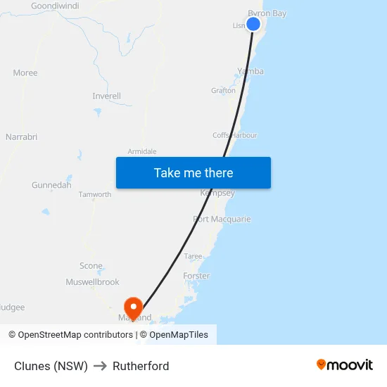 Clunes (NSW) to Rutherford map