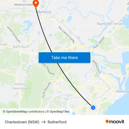 Charlestown (NSW) to Rutherford map