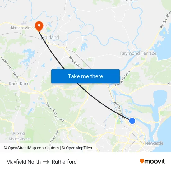 Mayfield North to Rutherford map