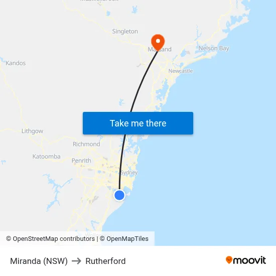 Miranda (NSW) to Rutherford map