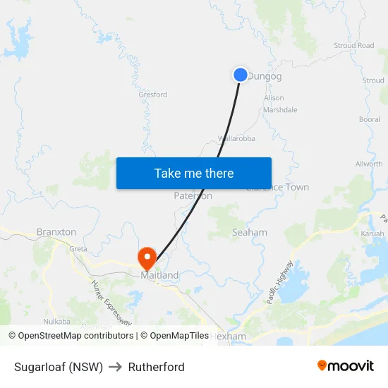 Sugarloaf (NSW) to Rutherford map