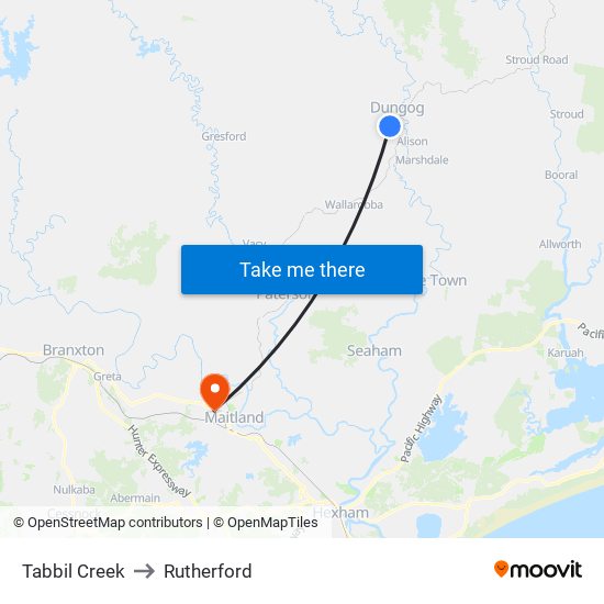 Tabbil Creek to Rutherford map