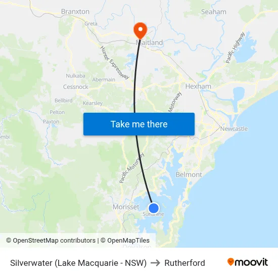 Silverwater (Lake Macquarie - NSW) to Rutherford map