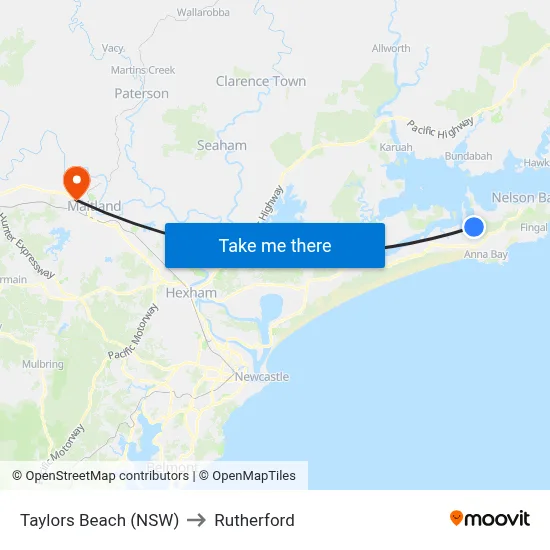 Taylors Beach (NSW) to Rutherford map