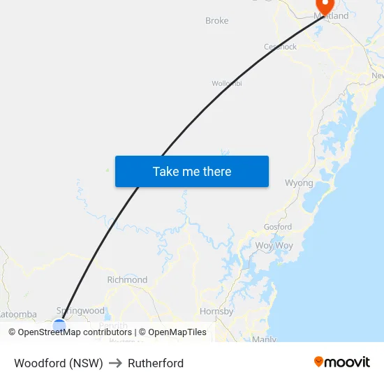 Woodford (NSW) to Rutherford map