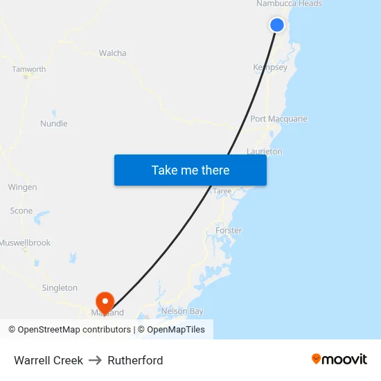 Warrell Creek to Rutherford map