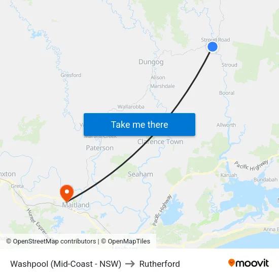 Washpool (Mid-Coast - NSW) to Rutherford map