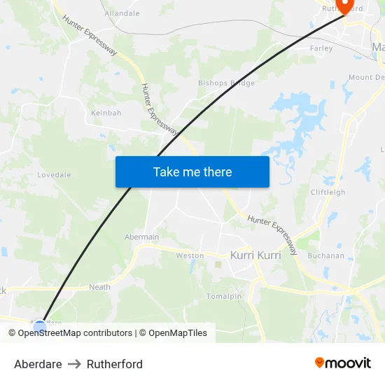 Aberdare to Rutherford map
