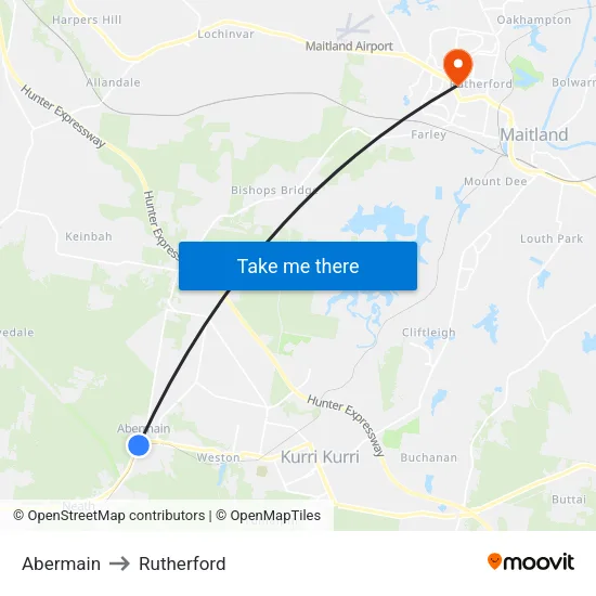 Abermain to Rutherford map
