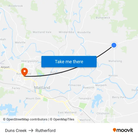 Duns Creek to Rutherford map