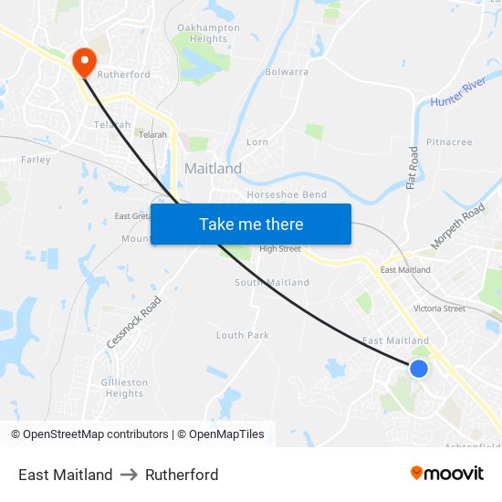 East Maitland to Rutherford map