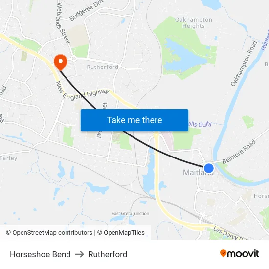 Horseshoe Bend to Rutherford map