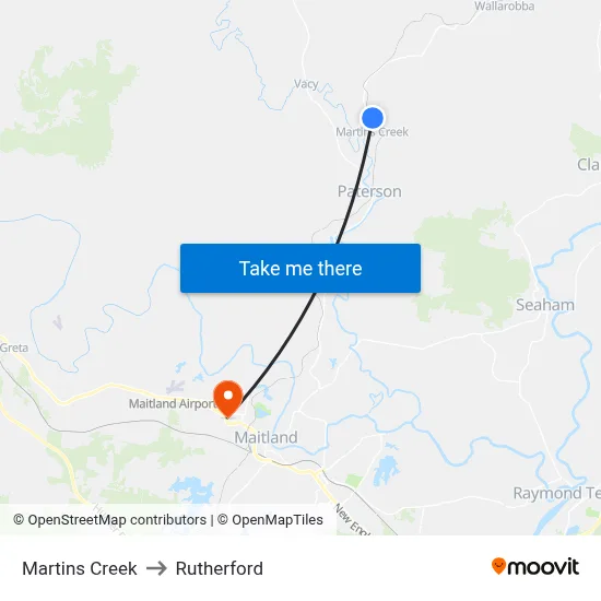 Martins Creek to Rutherford map