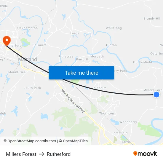 Millers Forest to Rutherford map