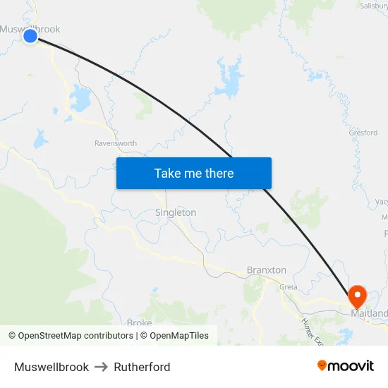 Muswellbrook to Rutherford map