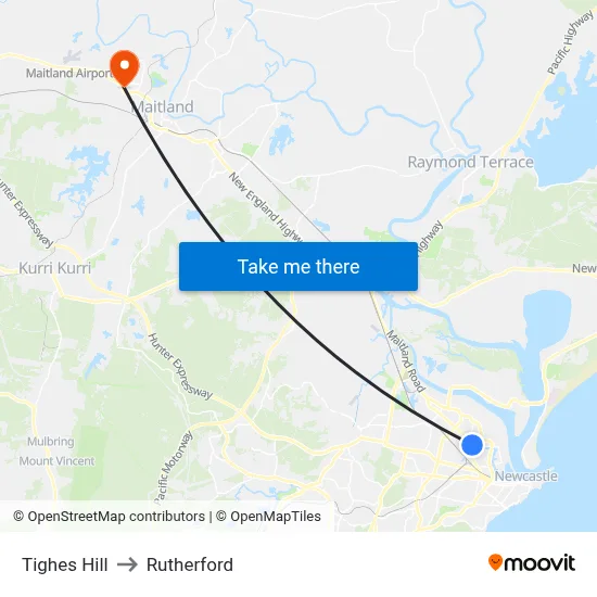 Tighes Hill to Rutherford map