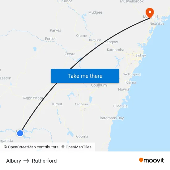 Albury to Rutherford map